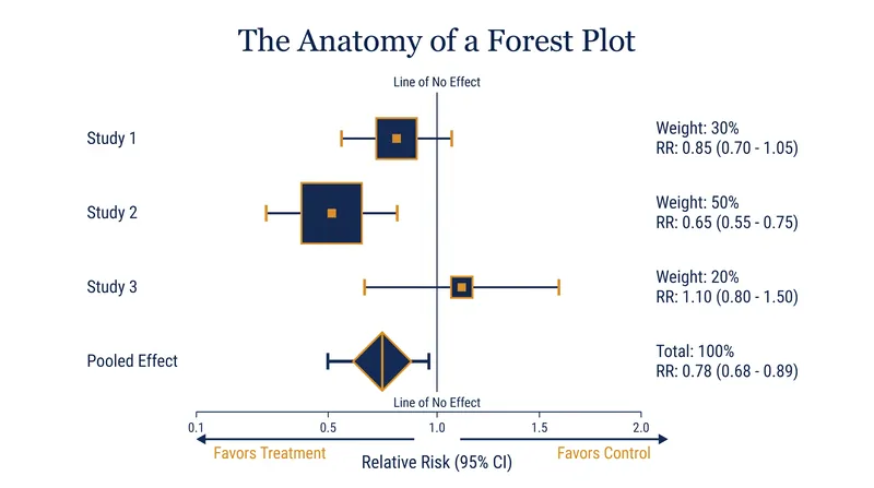 The forest plot visually represents the weight and precision of each study, culminating in the pooled diamond.