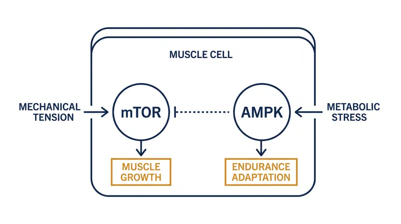 The molecular tug-of-war: AMPK, activated by cardio, can inhibit the muscle-building mTOR pathway if sessions are not properly spaced.