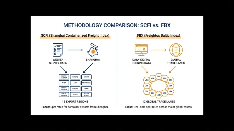 While the SCFI focuses on Chinese exports via survey data, the FBX aggregates global digital bookings.