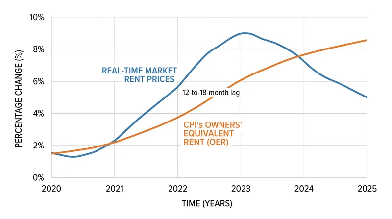 The CPI's reliance on Owners' Equivalent Rent creates a significant delay in reflecting actual housing market dynamics.
