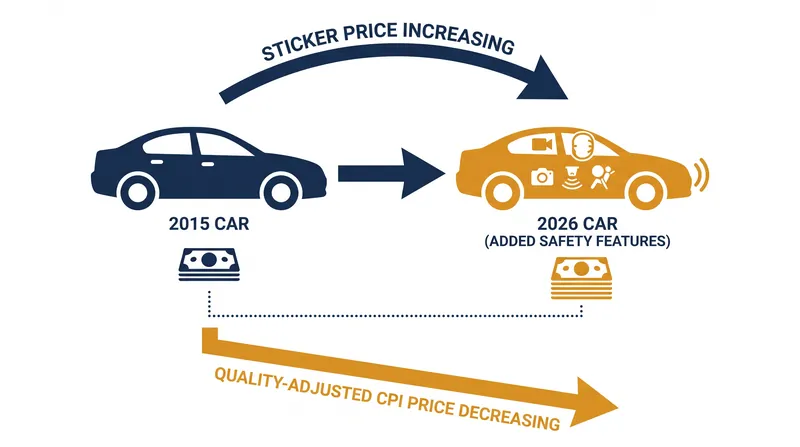 Quality adjustments can lower the official inflation metric for a good even when its actual retail price increases.