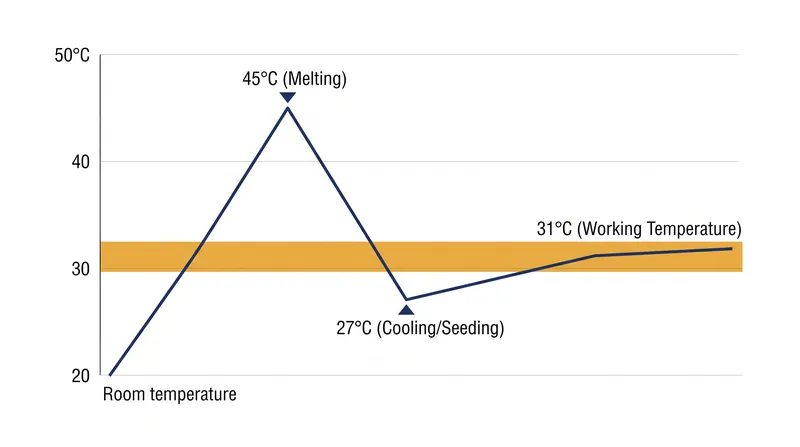 The tempering process is a specific thermal curve designed to melt away unstable crystals while preserving the stable Form V seeds.