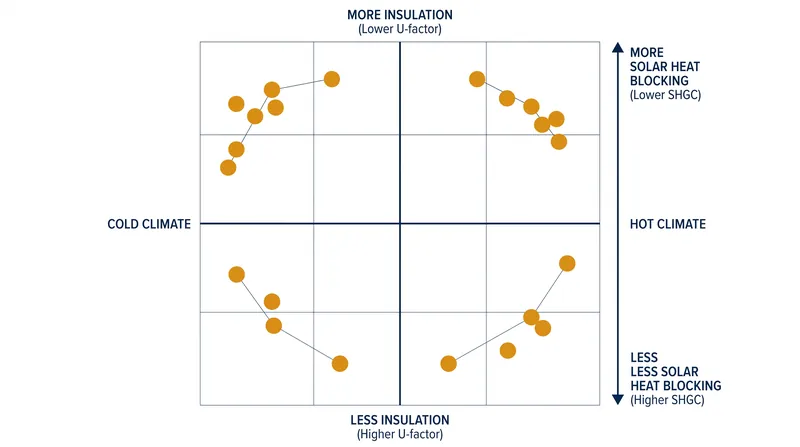 Choosing the right window requires balancing the U-factor (insulation) with the SHGC (solar heat gain) based on regional climate.