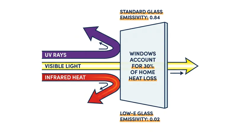 Spectrally selective Low-E coatings reflect long-wave infrared heat while allowing short-wave visible light to pass through.