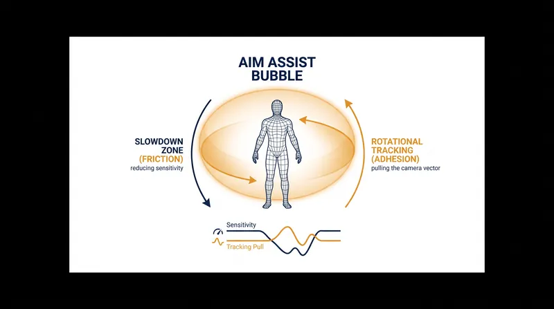 The two primary mechanics of aim assist: slowdown friction and rotational adhesion.