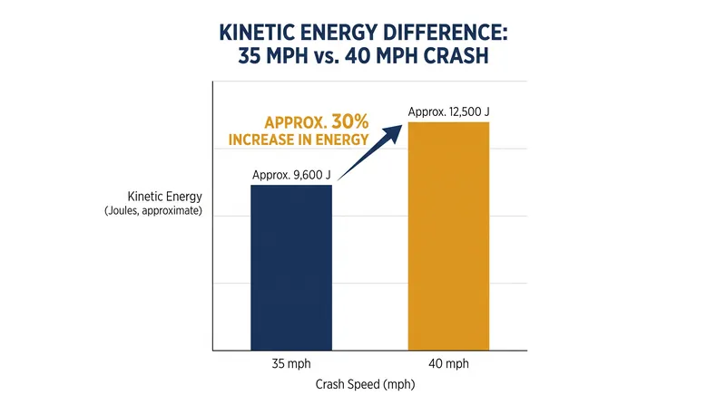 Because kinetic energy scales with the square of velocity, a 5 mph increase in test speed requires a vehicle to absorb significantly more crash energy.