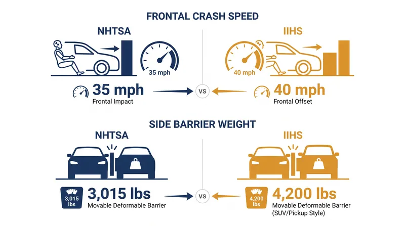 The IIHS tests vehicles at higher speeds and with heavier barriers to simulate collisions with modern SUVs.