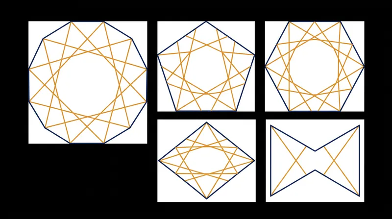 The five foundational girih tiles, featuring internal strapwork lines that intersect the edges at exactly 54 degrees.