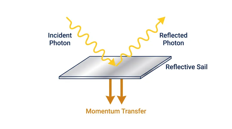 When a photon reflects off a mirrored surface, it transfers a minute amount of momentum to the sail.