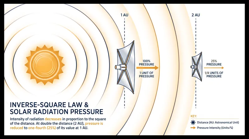 Radiation pressure diminishes with the square of the distance from the Sun, reducing acceleration in the outer solar system.