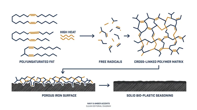 Heat forces polyunsaturated fats to release free radicals, allowing them to cross-link into a solid polymer.
