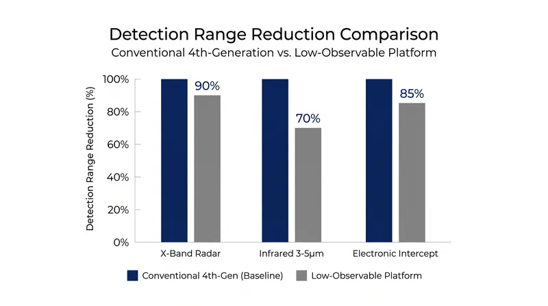 Estimated reductions in detection ranges across different sensor spectrums for low-observable platforms.