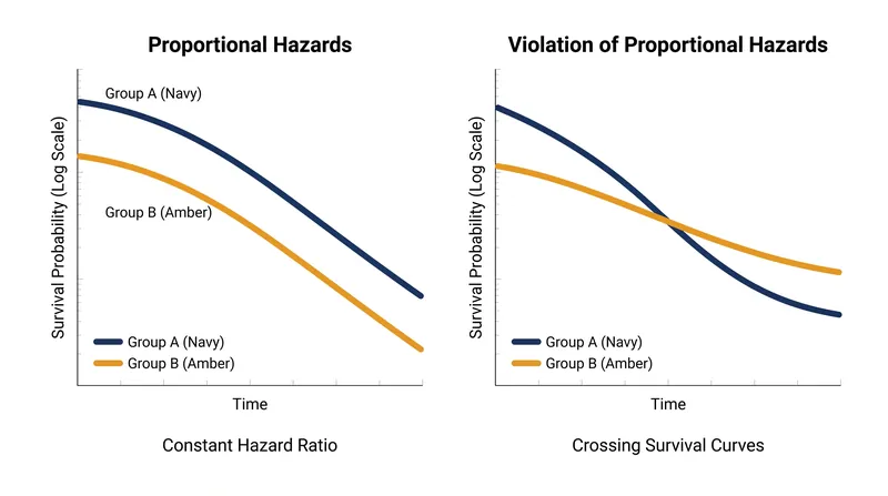 The Cox model assumes the relative risk between groups remains constant. When survival curves cross, this assumption is violated, and the hazard ratio becomes misleading.