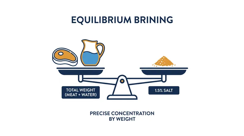Equilibrium brining calculates salt based on the combined weight of the meat and water, preventing over-salting.