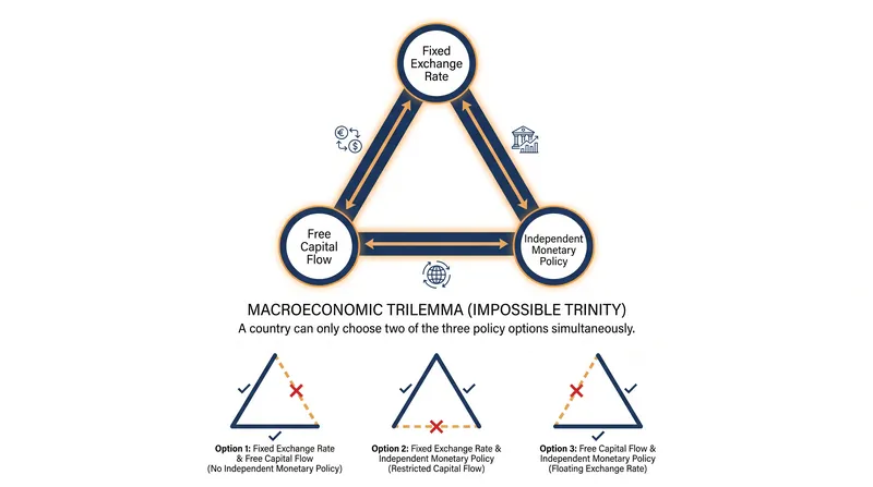 The Macroeconomic Trilemma dictates that a nation cannot simultaneously have a fixed exchange rate, free capital movement, and independent monetary policy.