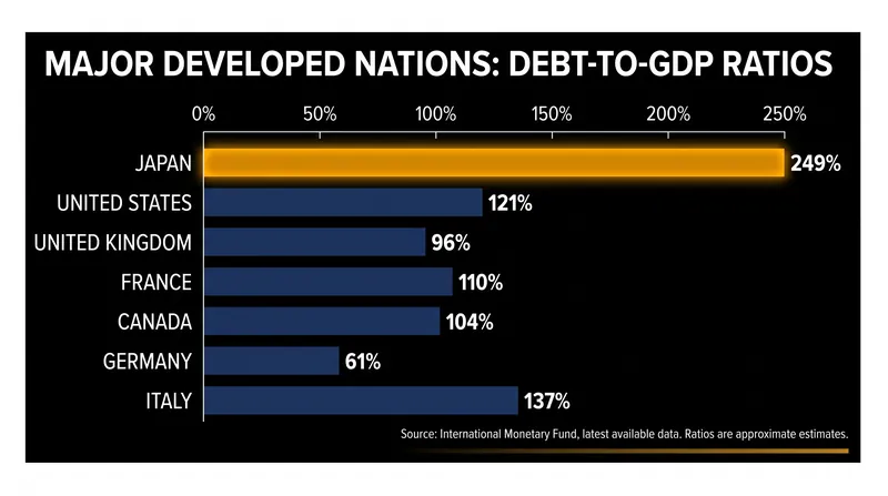Japan carries the highest debt-to-GDP ratio in the developed world, making rising interest rates a severe fiscal threat.