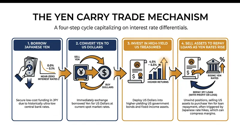 The mechanics of the yen carry trade, which is rapidly unwinding as Japanese borrowing costs rise.