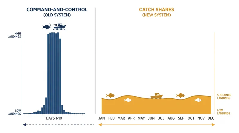 Catch shares eliminate the dangerous 'race to fish,' allowing harvesters to spread their effort safely across the entire year.