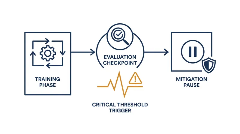 How automated evaluation tripwires halt AI training when critical capability thresholds are reached.