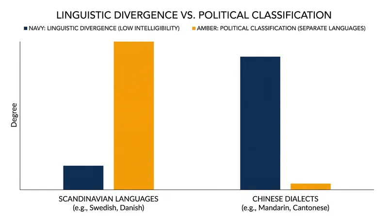 Political boundaries frequently override linguistic reality when classifying speech varieties.