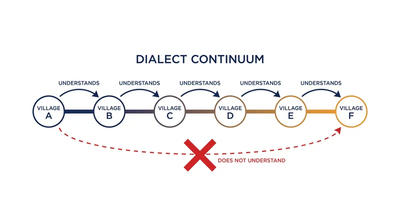 In a dialect continuum, neighboring towns understand each other, but the ends of the chain are mutually unintelligible.