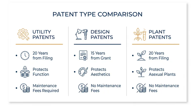 A comparison of the duration and maintenance requirements for the three US patent types.