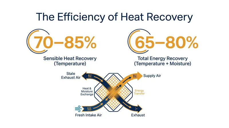 Both HRVs and ERVs recover the vast majority of the thermal energy that would otherwise be lost to the outside.