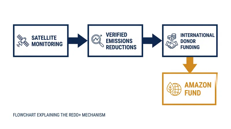 How the REDD+ results-based financing model structures international contributions.