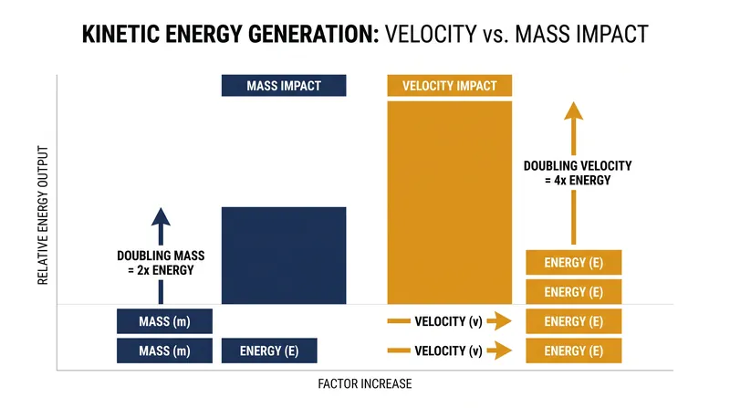Because velocity is squared in the kinetic energy equation, speed yields exponential power gains compared to mass.