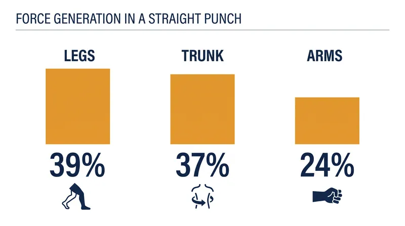 The lower body and core contribute the vast majority of force in a properly executed strike.