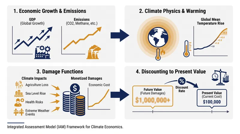 The four-step architecture used by Integrated Assessment Models to calculate the Social Cost of Carbon.