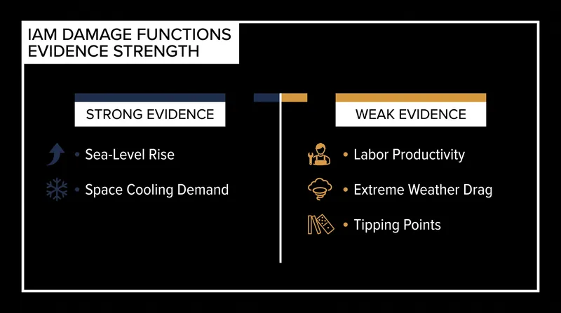 While models accurately project physical thresholds like sea-level rise, evidence remains weak for localized economic impacts and systemic tipping points.