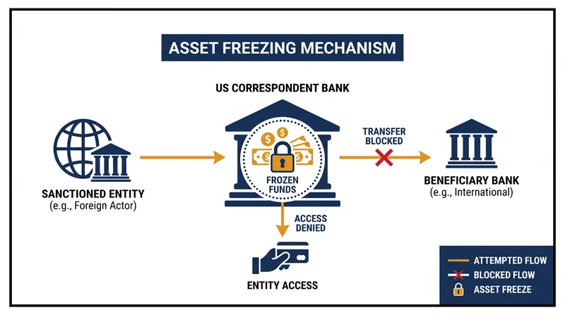 Asset freezing blocks access to funds held within the sanctioning authority's jurisdiction.