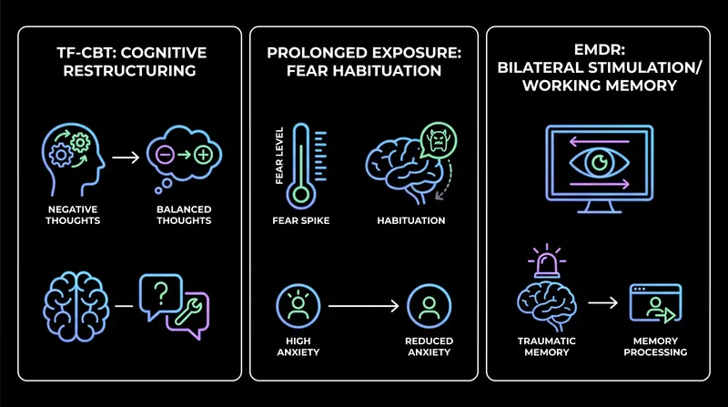 Each therapy targets the trauma response through a fundamentally different biological and psychological mechanism.