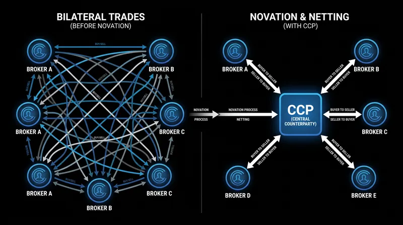 Novation replaces bilateral agreements with a centralized counterparty, allowing for massive netting of obligations.