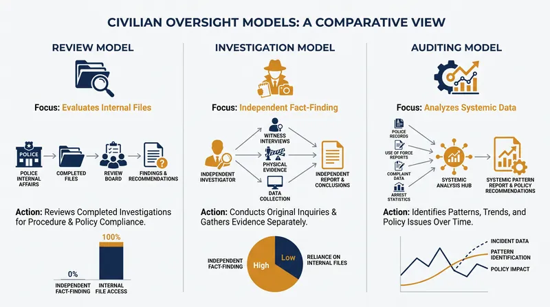 The three primary models of civilian police oversight and their functional differences.
