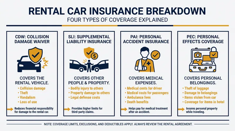 The four distinct pillars of rental car coverage and what they actually protect.