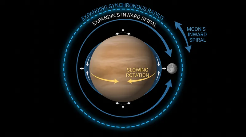 As the moon slowed Venus's rotation, the synchronous radius expanded, forcing the moon into an inward death spiral.