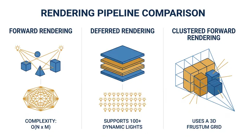 How the three major rendering architectures handle the geometry and lighting tradeoff.