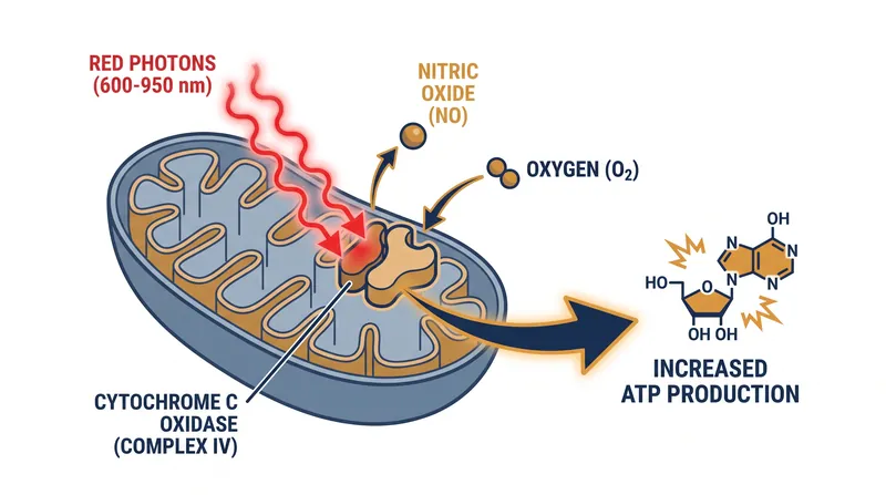 Red and near-infrared photons displace inhibitory nitric oxide from cytochrome c oxidase, restoring ATP production.