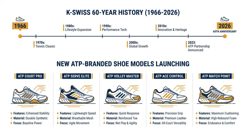 The partnership coincides with K-Swiss's 60th anniversary and includes a new line of ATP-branded footwear.