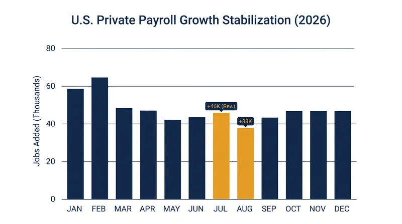 Private-sector job creation reached its most moderate pace since January, signaling a balanced labor market.