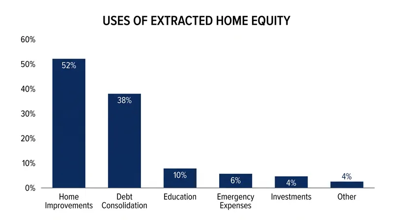 Federal Reserve data indicates that extracted equity flows heavily into home improvements and debt consolidation.