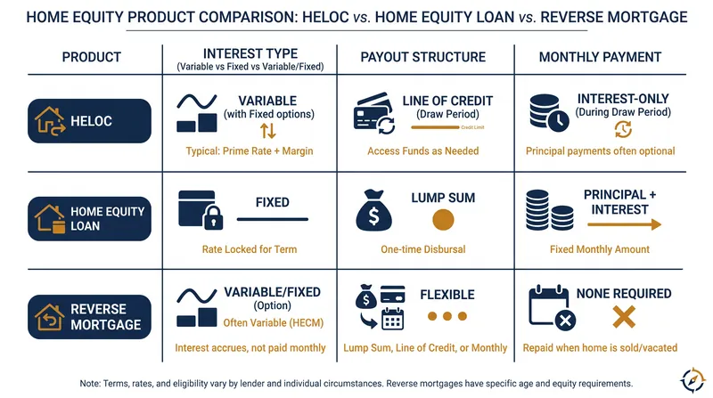 Comparing the structural mechanics of the three primary home equity extraction vehicles.