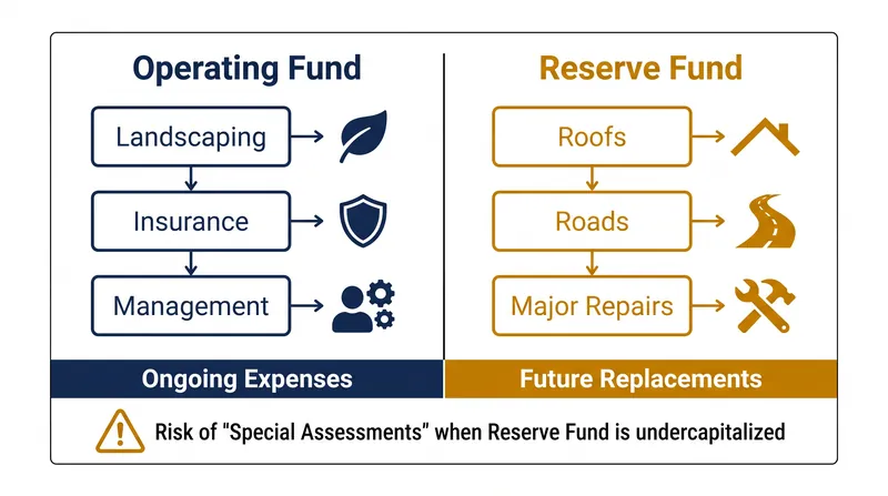 Assessments are split between daily operations and long-term reserves; underfunded reserves inevitably lead to special assessments.
