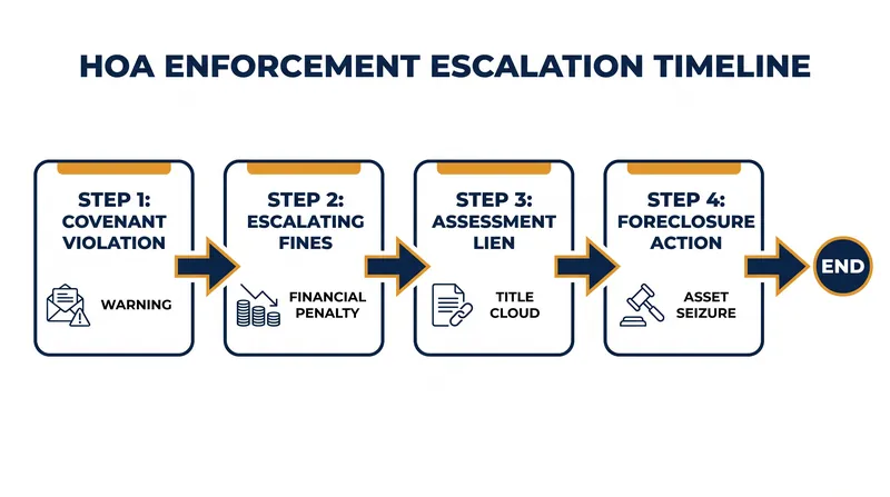The legal escalation path transforms minor aesthetic infractions into severe threats to property ownership.