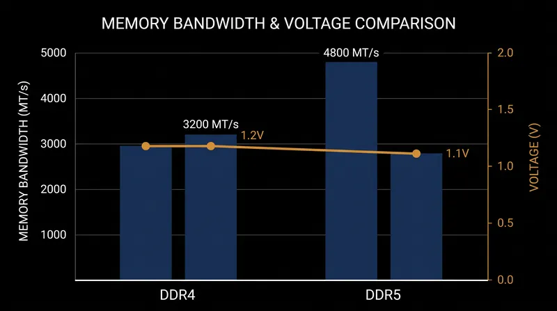 DDR5 increases base transfer speeds while lowering operating voltage.