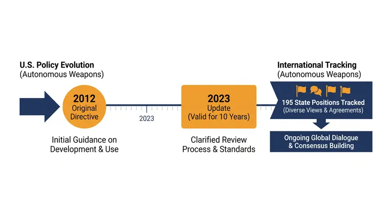 The timeline of U.S. policy updates versus international efforts to regulate autonomous weapons.