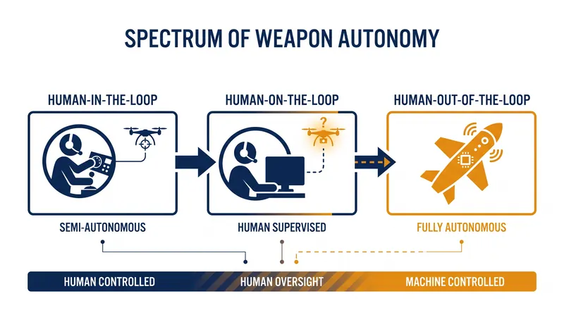 The spectrum of autonomy defines the level of human intervention required before a weapon system applies lethal force.