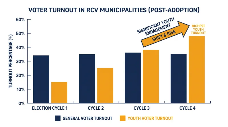 While overall turnout often remains stable after adopting RCV, targeted campaign contact frequently drives a measurable increase in youth participation.